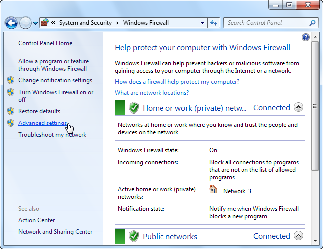 Панель управления Windows: ссылка 'Дополнительные параметры' для брандмауэра