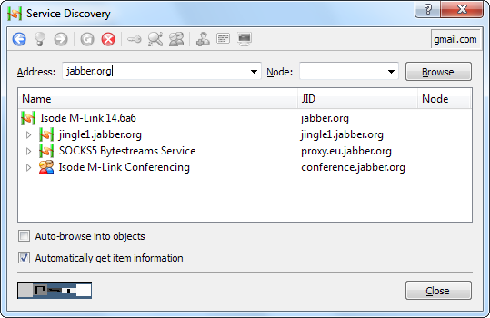 Скрин: список сервисов на сервере jabber.org — показывает доступные сервисы, но не транспорты.