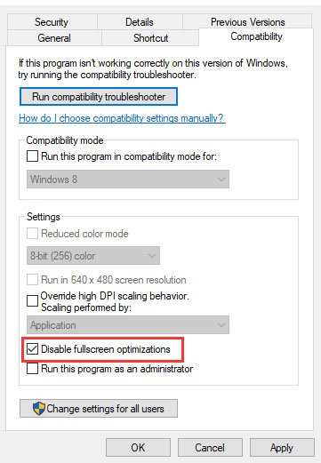 Disattiva ottimizzazioni a schermo intero in Windows
