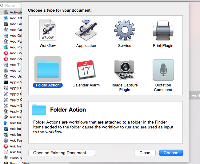 Диалог выбора типа документа в Automator