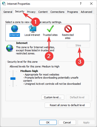 Выбор зоны Доверенные узлы в Параметрах Интернета