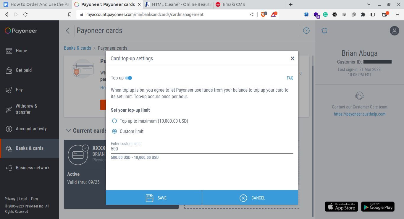 Процесс пополнения баланса на карте Payoneer