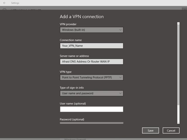 Окно настройки VPN в Windows с заполненными полями для PPTP