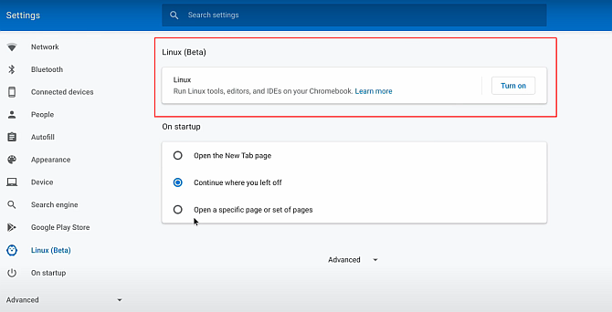 Включение Linux (Beta) в настройках Chrome OS