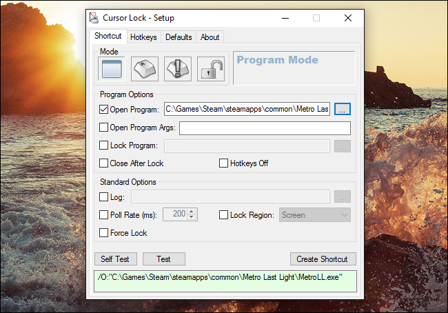 Окно Cursor Lock с настройкой Open Program и Create Shortcut