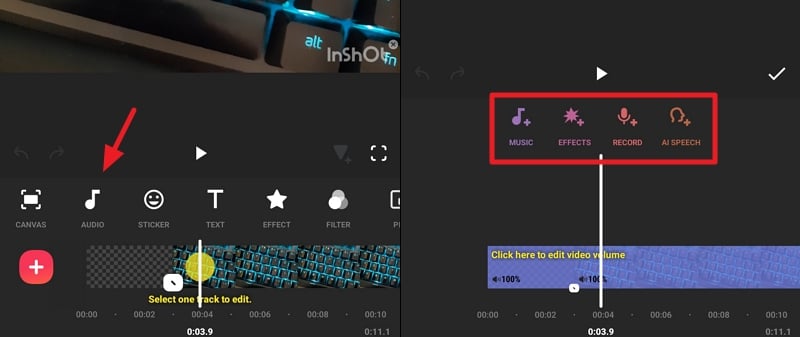 добавление аудио к видео в InShot