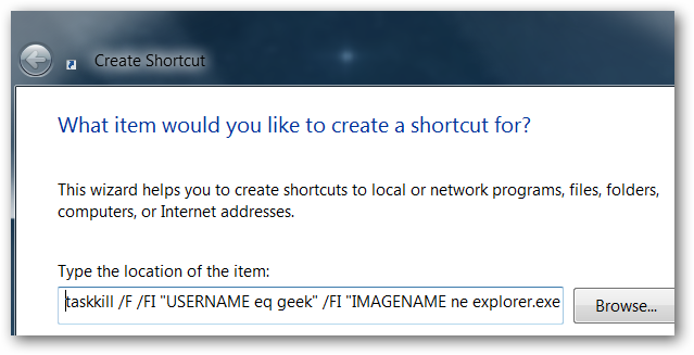 Окно создания ярлыка Windows