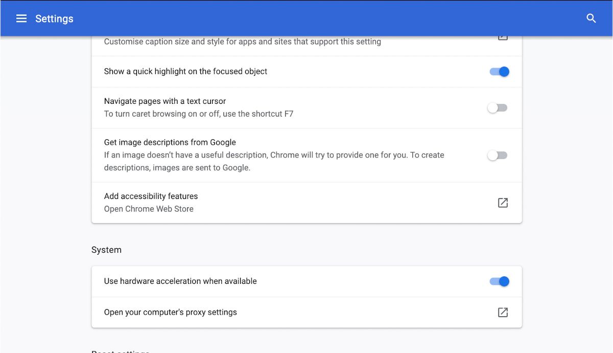 Раздел «Дополнительно» в настройках Chrome с опцией аппаратного ускорения