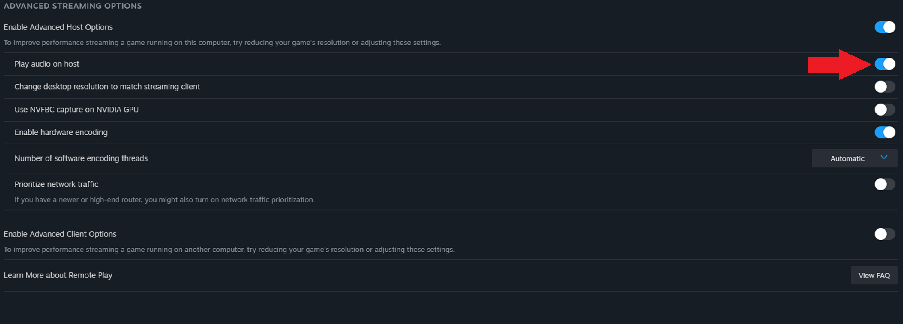 Параметры звука для Steam Remote Play.