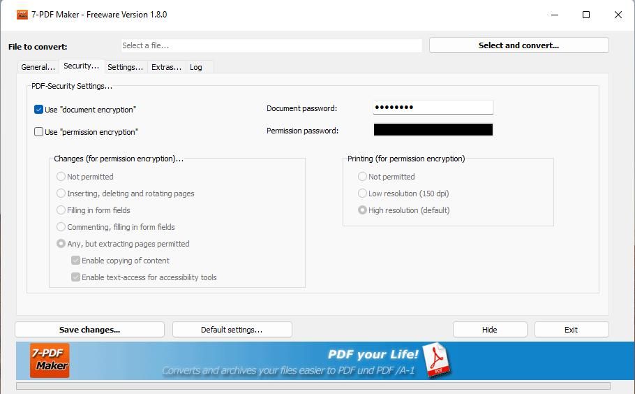 Вкладка «Security» в 7‑PDF Maker
