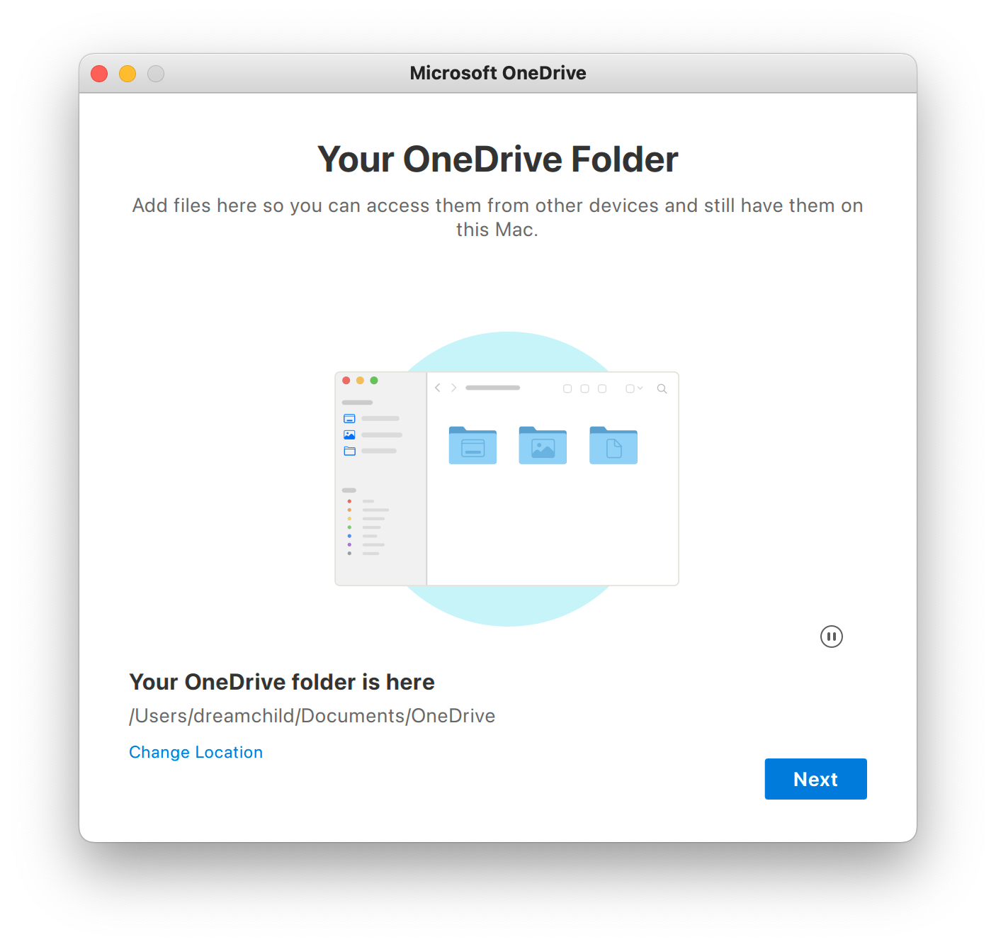 выбор папки OneDrive на macOS