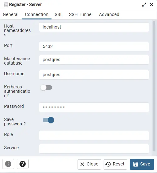 Детали подключения к серверу в pgAdmin