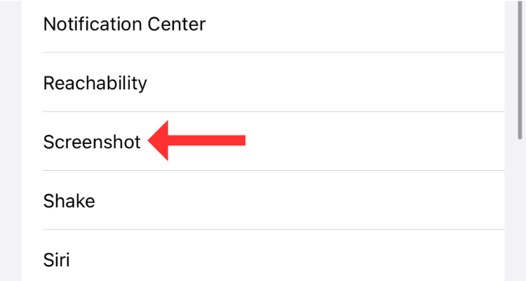 Выбор действия Screenshot в меню Back Tap.