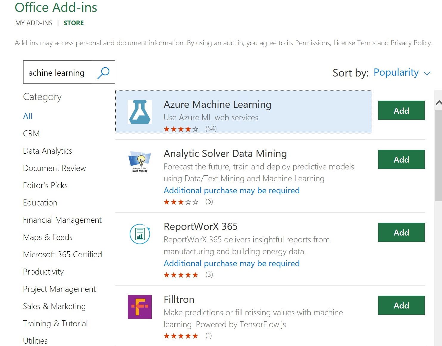 Скриншот надстройки Azure Machine Learning для Microsoft Excel