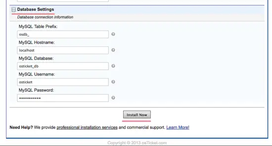 Dettagli del database per osTicket durante l'installazione