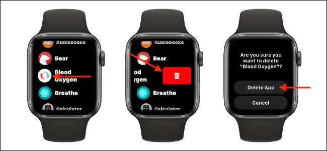 Удаление приложения Кислород в крови в виде списка на Apple Watch