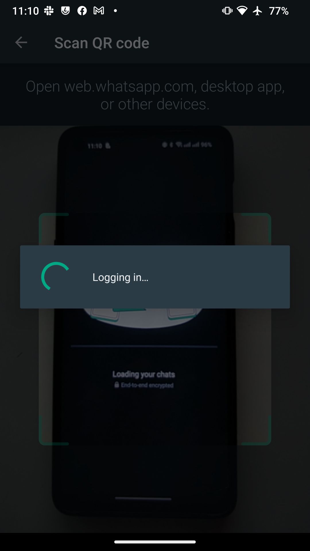 Сканирование QR‑кода на основном устройстве WhatsApp