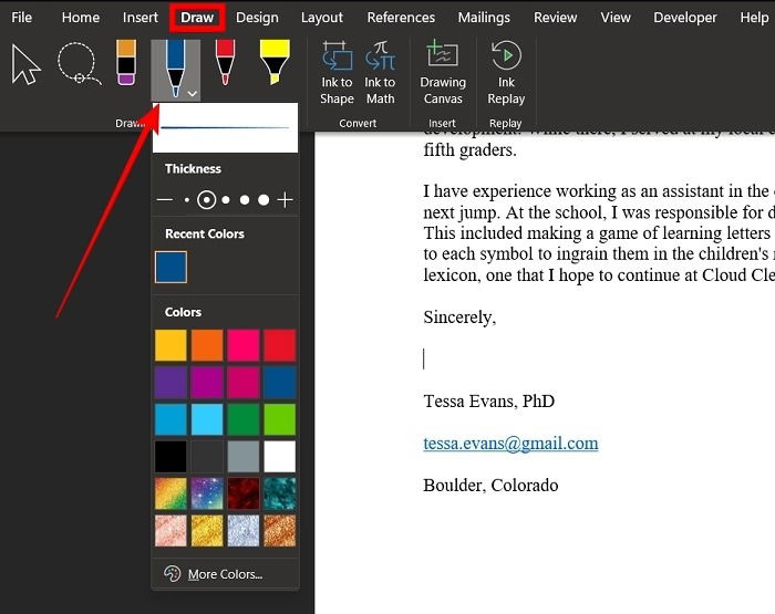 Инструменты рисования для подписи в Word (ПК)