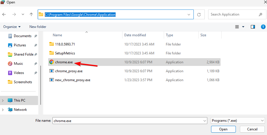 Выбор файла chrome.exe для правила брандмауэра