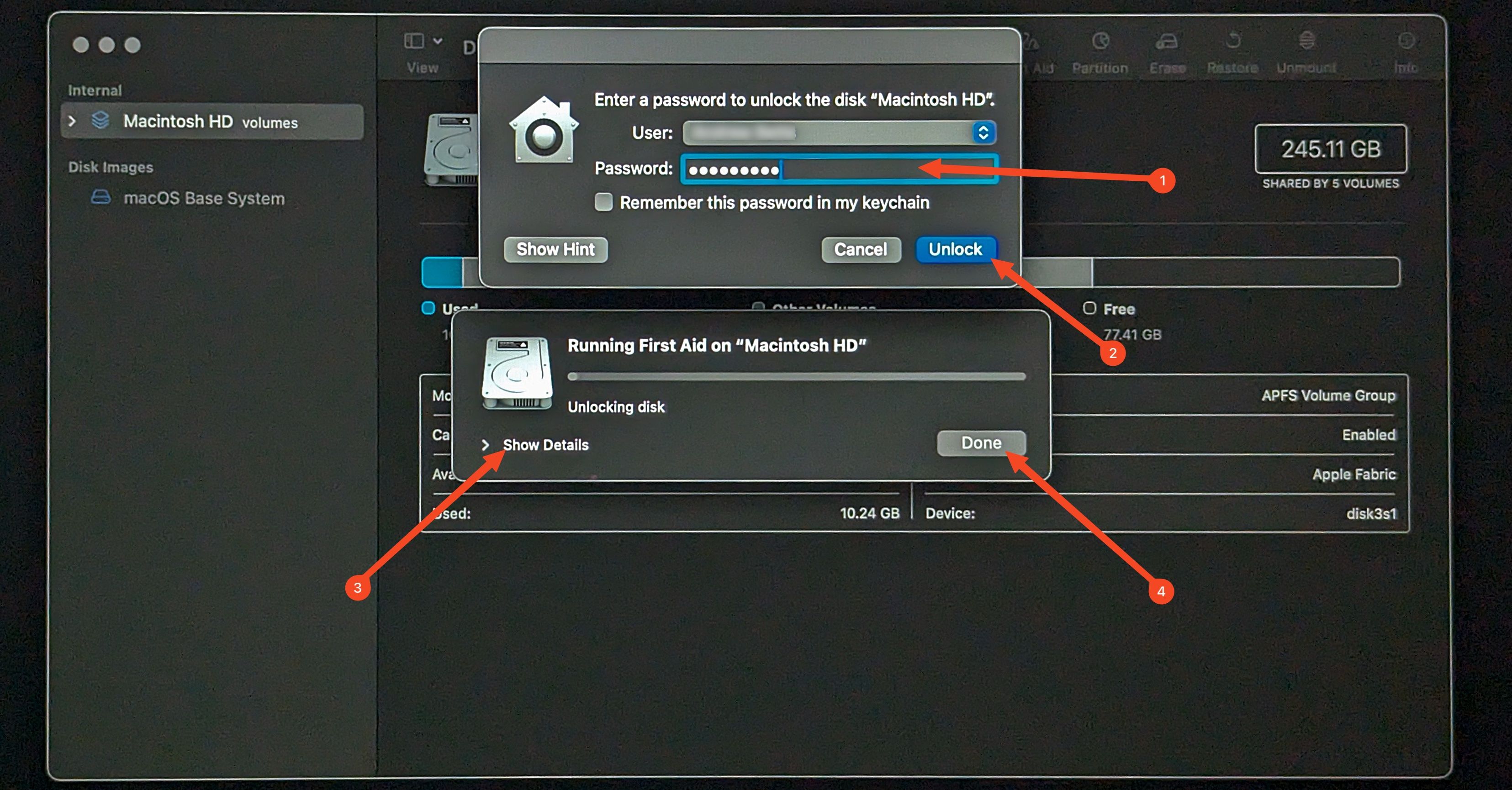 Экран ввода пароля для запуска First Aid.