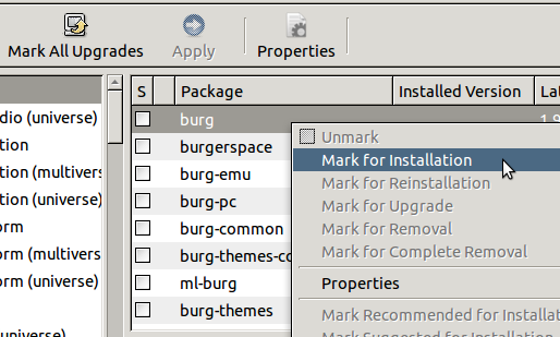 Поиск пакета burg в Synaptic Package Manager: результат поиска выделен
