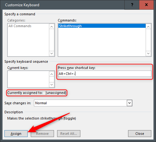 Создание сочетания клавиш для зачёркивания