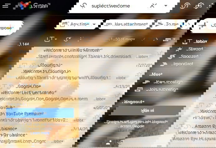 Результаты поиска и опции для отписки в Gmail