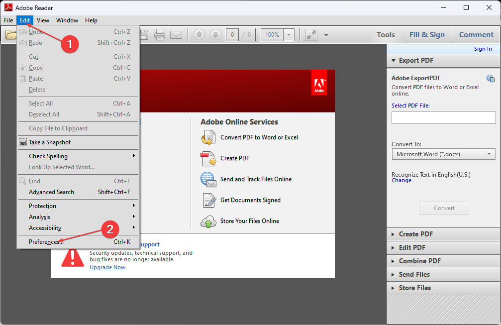 Окно настроек Adobe — пункт меню Правка и Настройки