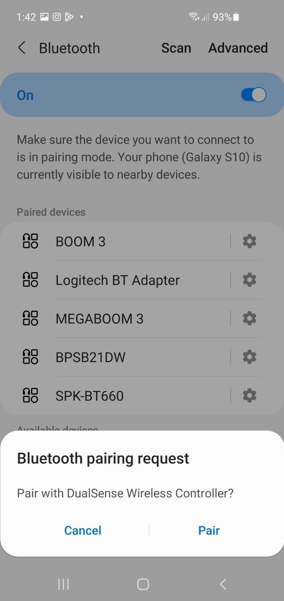 Запрос на спаривание DualSense в Android