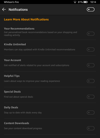 Список уведомлений и рекламы от Amazon на экране настроек