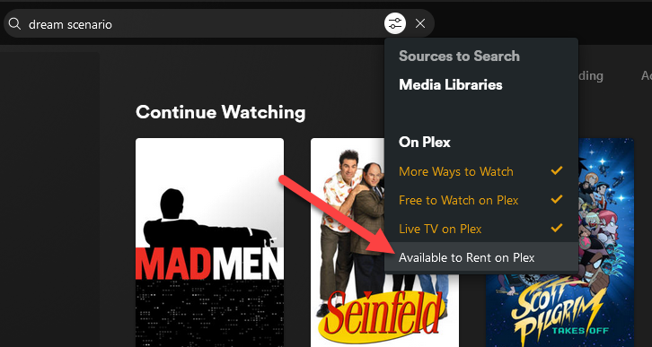 Меню фильтров поиска Plex.