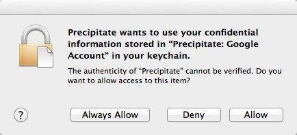 Разрешение доступа Precipitate к вашим учётным данным в связке ключей (Keychain).