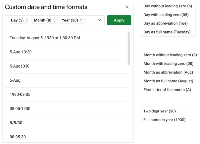 Элементы даты: выбор формата дня месяца года