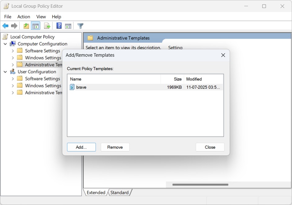 Добавление шаблона Brave в Group Policy