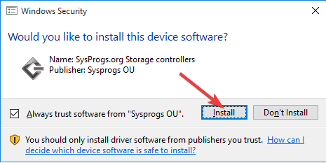 Окно безопасности Windows с запросом подтверждения установки