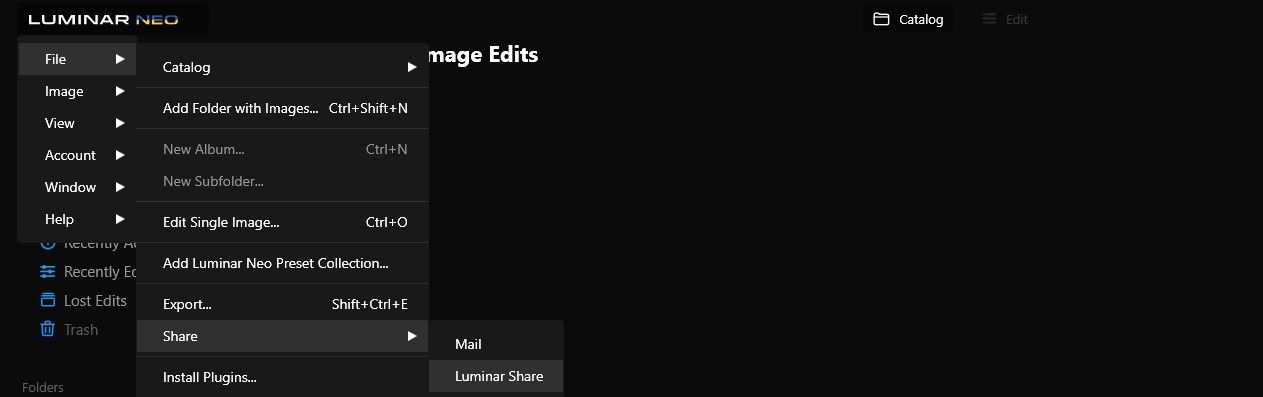Пункт меню «Файл → Share → Luminar Share» в Luminar Neo
