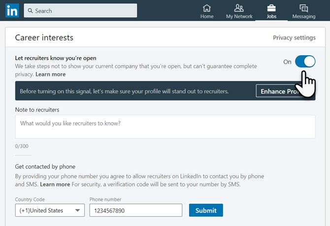 Переключатель Open Candidates на LinkedIn, экран с опцией «Дайте рекрутерам знать, что вы открыты»