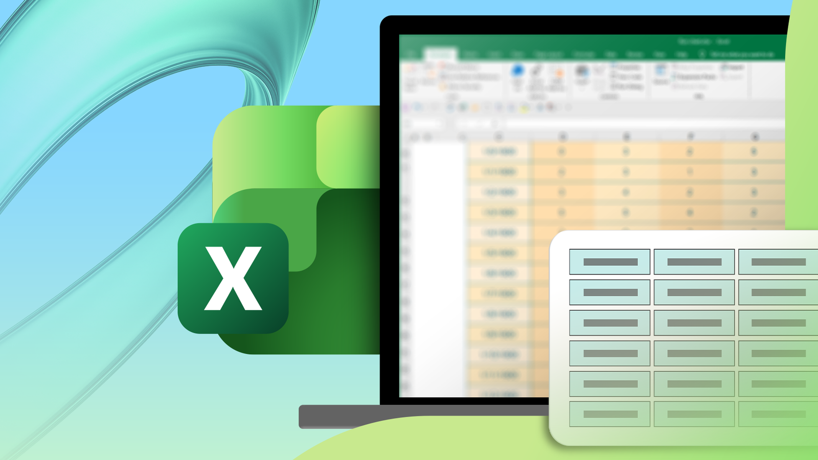 Ноутбук с размытым листом Excel и логотипом Microsoft Excel.