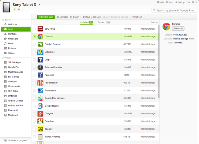 Список приложений и опции экспорта APK-файлов