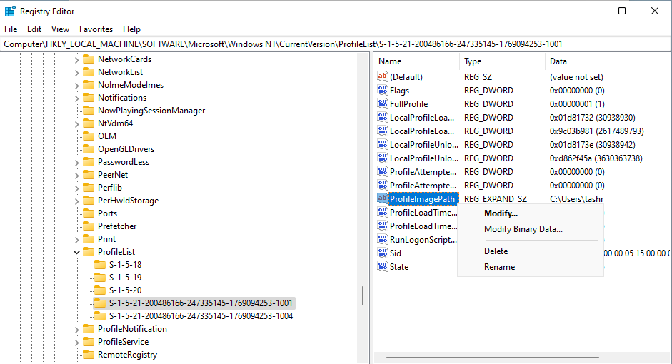 Изменение ProfileImagePath в Редакторе реестра