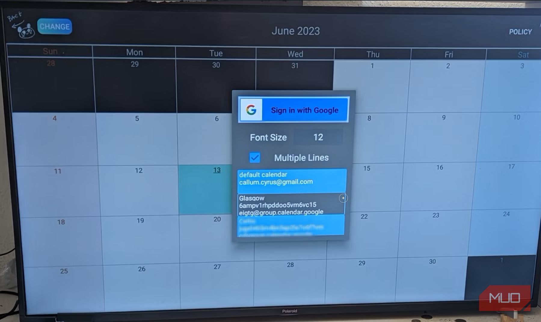 An Android TV showing Panda Calendar's registration interface