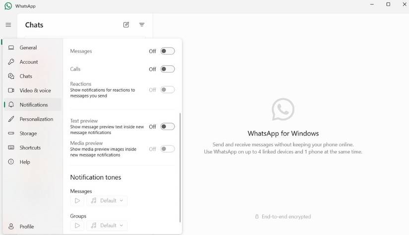 отключение уведомлений WhatsApp на рабочем столе