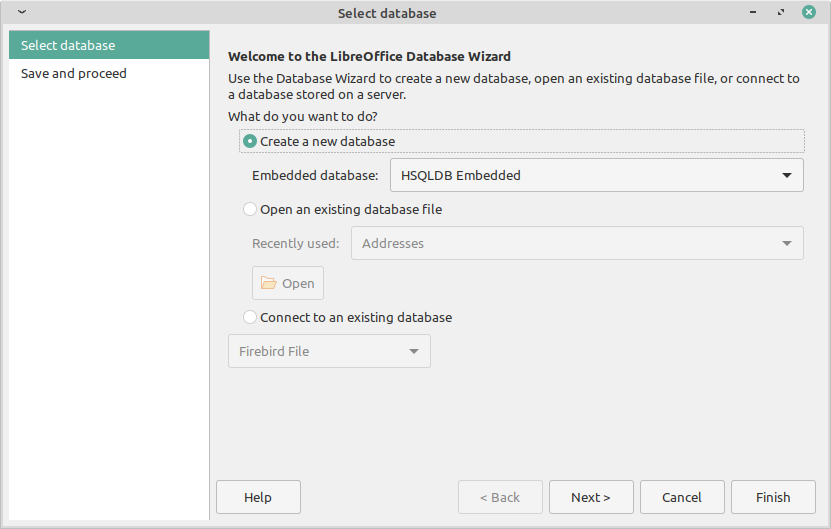 экран запуска LibreOffice Base с диалогом создания новой базы