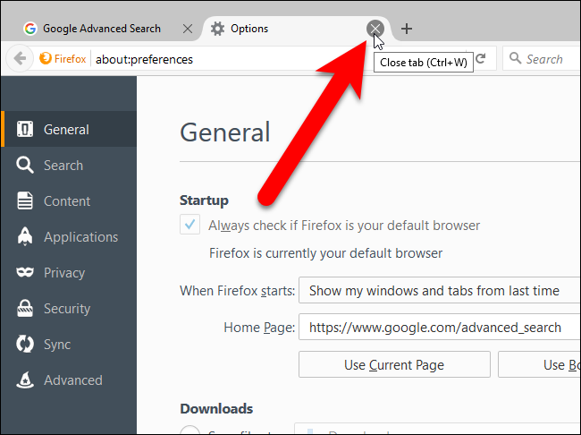 Скриншот закрытия вкладки Настройки в Firefox