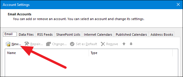 Окно управления аккаунтами Outlook с кнопкой Новый