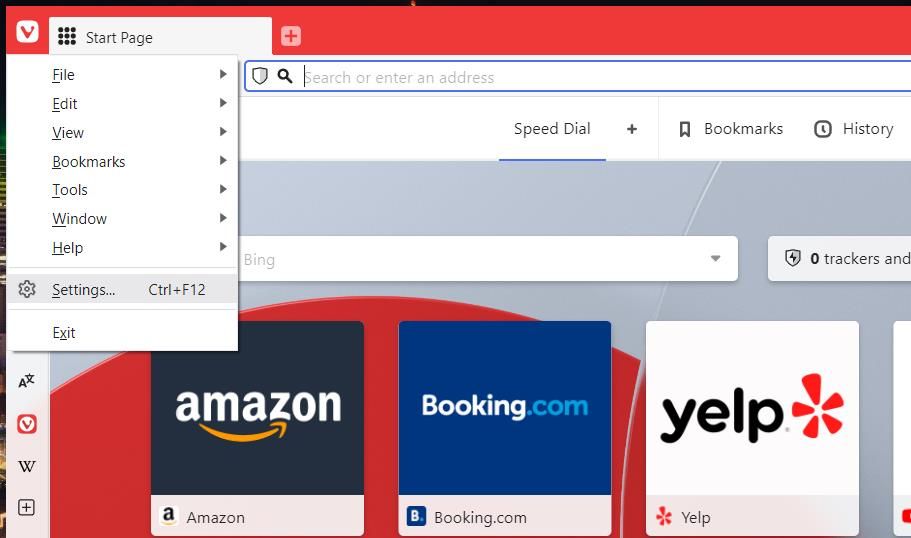 Пункт 'Настройки' в меню Vivaldi