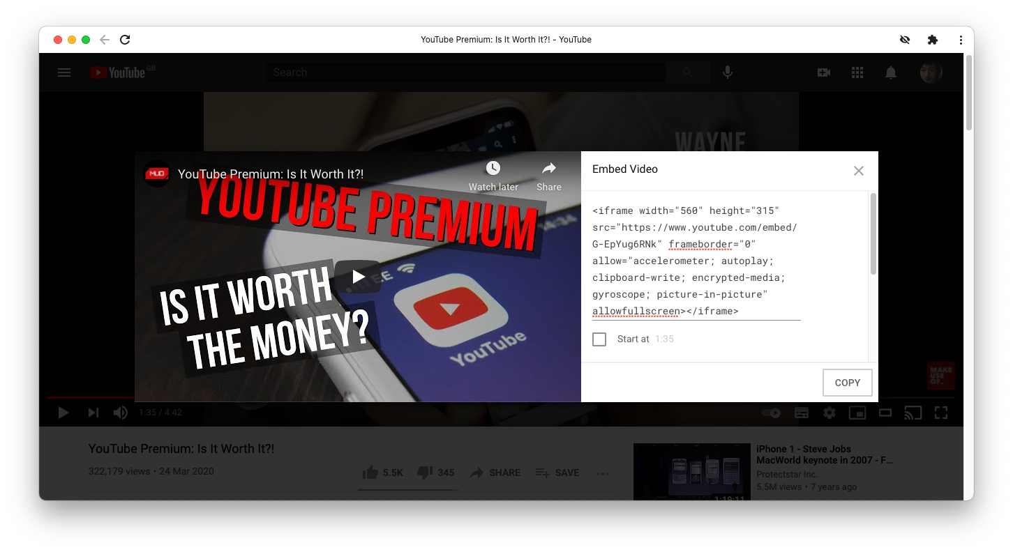 Скриншот диалога «Встроить видео» с показанным кодом вставки