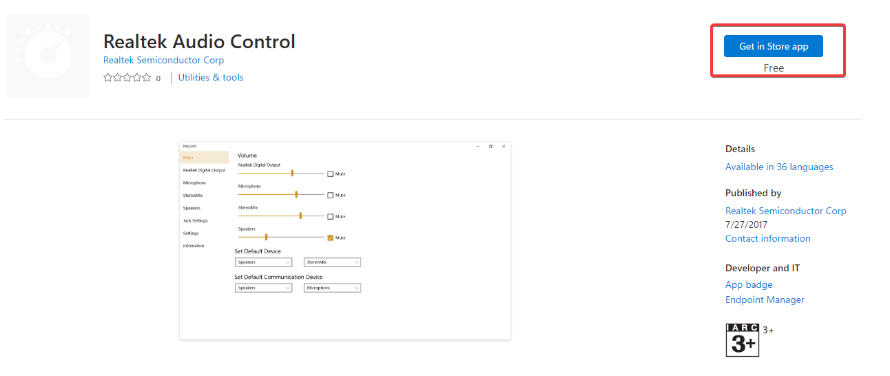 Кнопка 'Get in Store app' в Microsoft Store