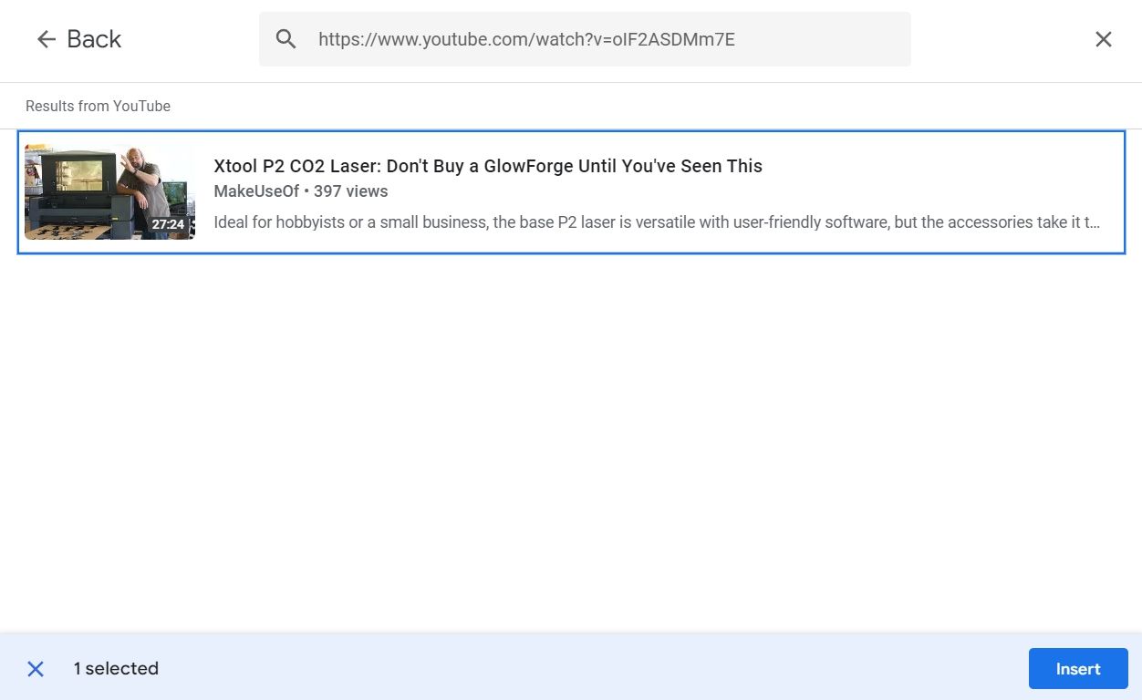 Кнопка Вставить для видео YouTube в Google Slides