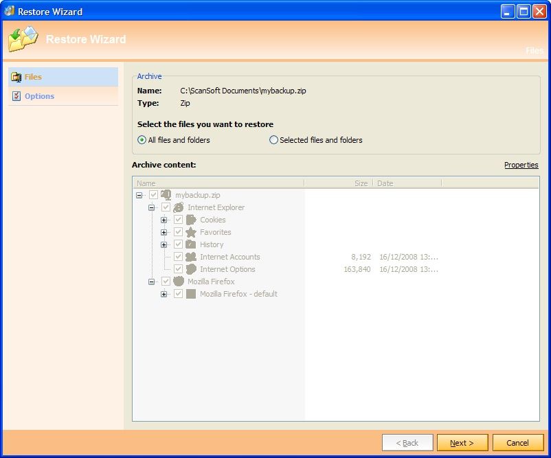 /Файл с интерфейсом мастера восстановления, показывающий выбор архива и параметры восстановления